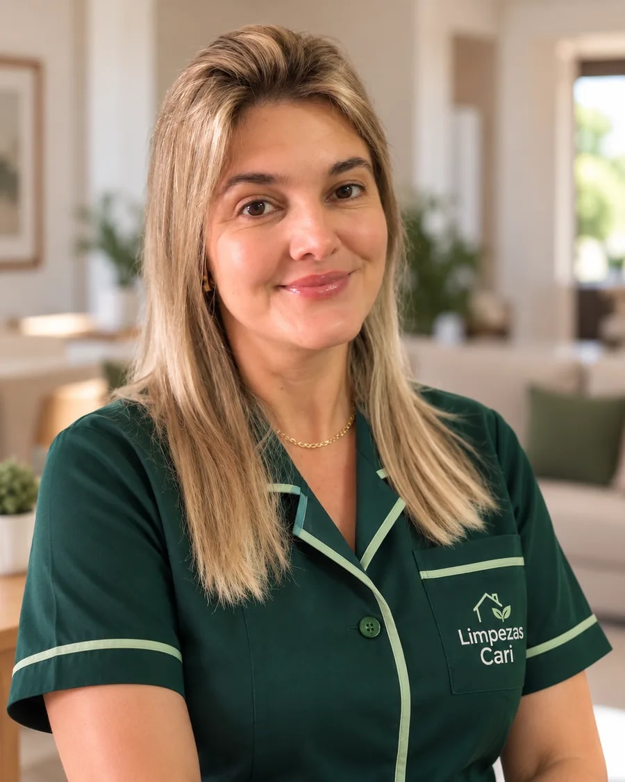 Cari, da Limpezas Cari, de uniforme verde, sorrindo numa sala clara.