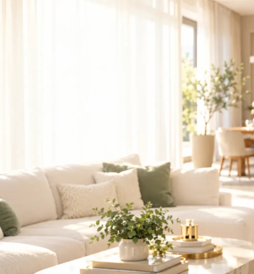 Sala de estar clara e organizada, com sofá branco, almofadas verdes e plantas.